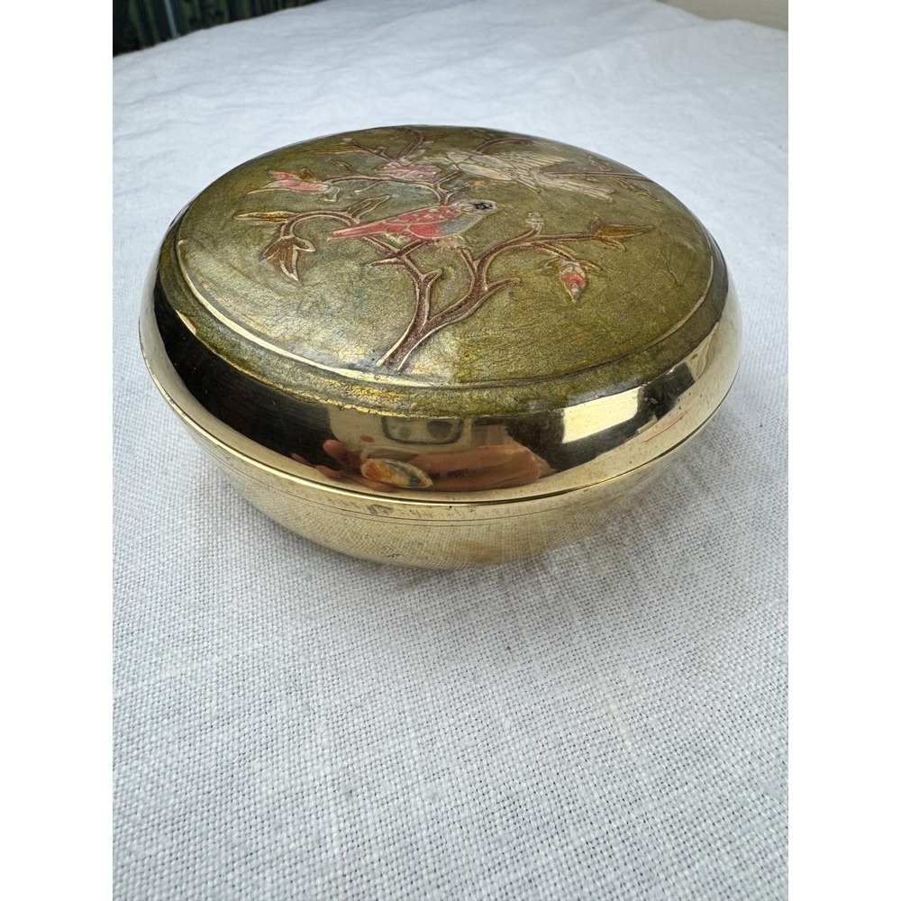 Vintage Brass Champleve Trinket Compact Bowl Bird Floral Enamel Lid Jewelry Box - Picture 11 of 11